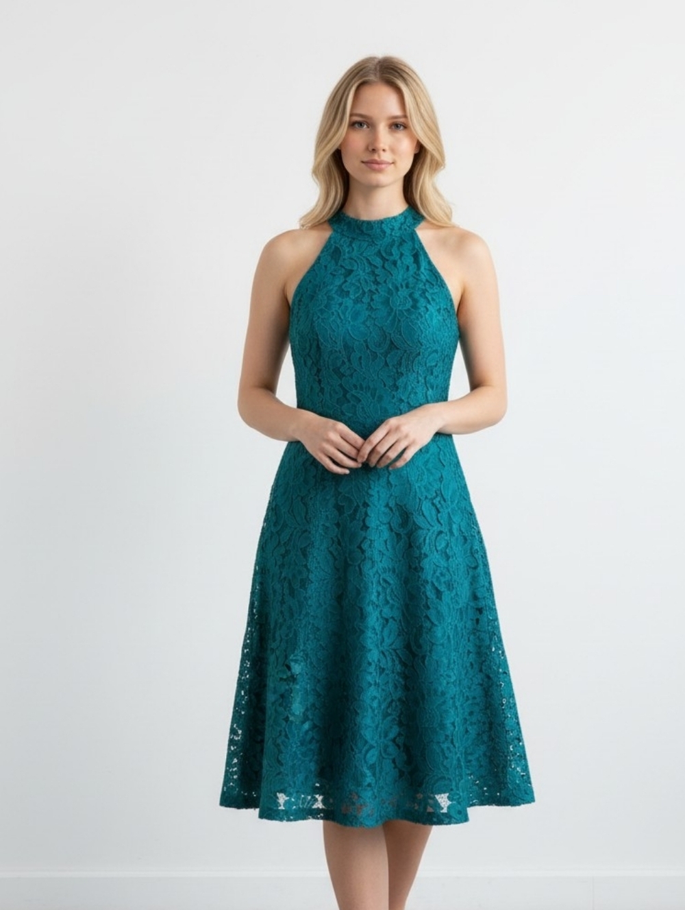 Eliza J Emerald Green Lace Halter Midi Dress Fit & Flare Size 6 Wedding Guest